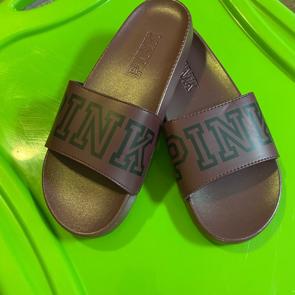 NWOT~PINK Logo Strap Slide Sandals - Picture 1 of 4
